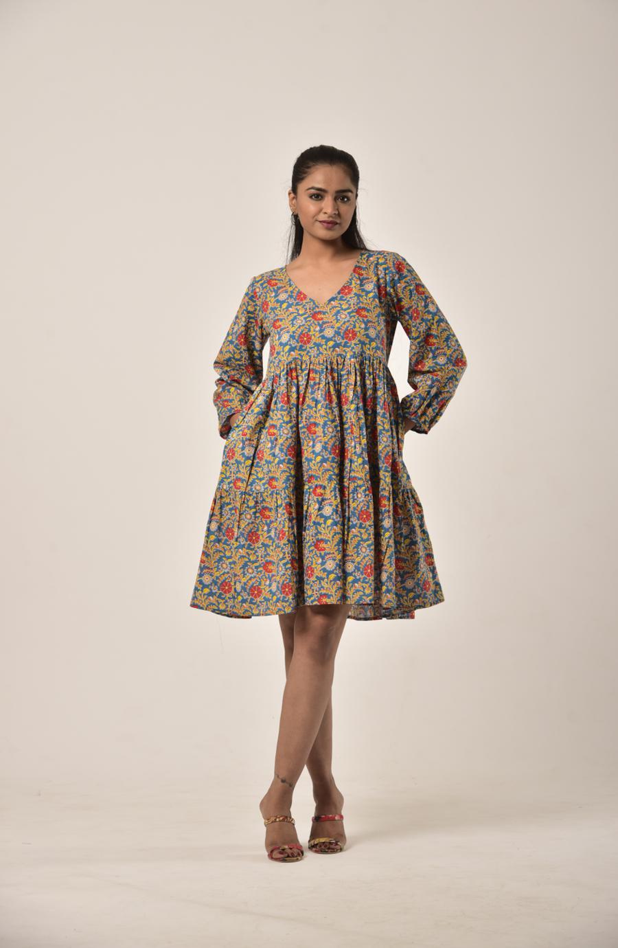 Yellow Flower on Teal Tiered Short Dress