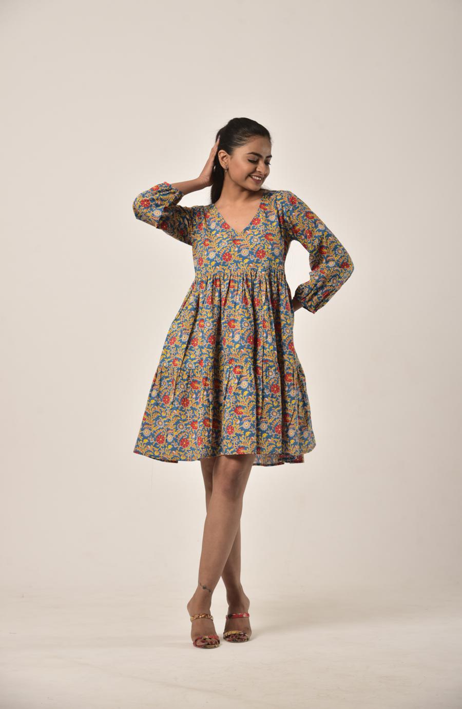 Yellow Flower on Teal Tiered Short Dress