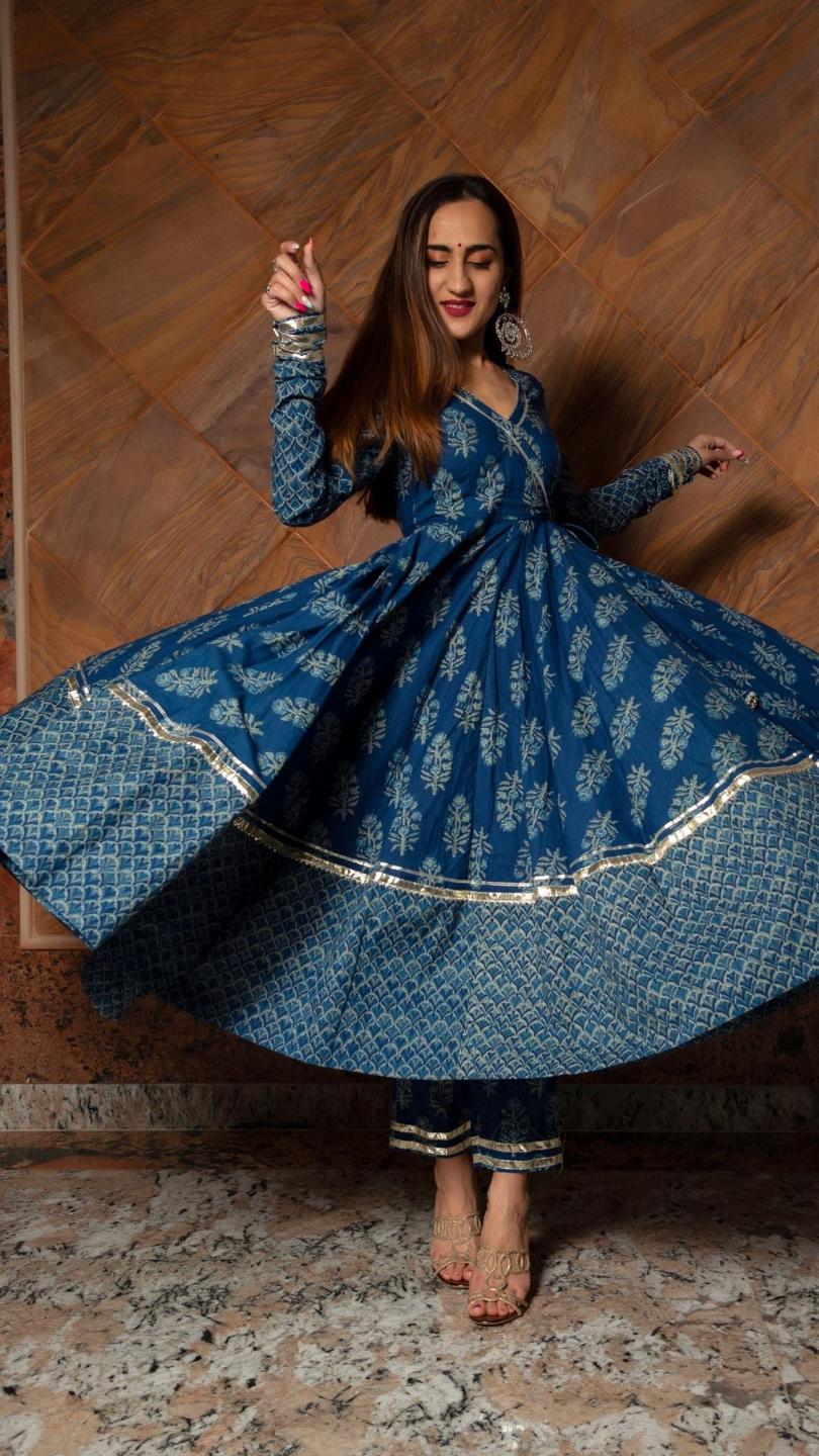 aadvika-blue-hand-block-cotton-anarkali-set-11403042BL, Women Indian Ethnic Clothing, Cotton Kurta Set Dupatta