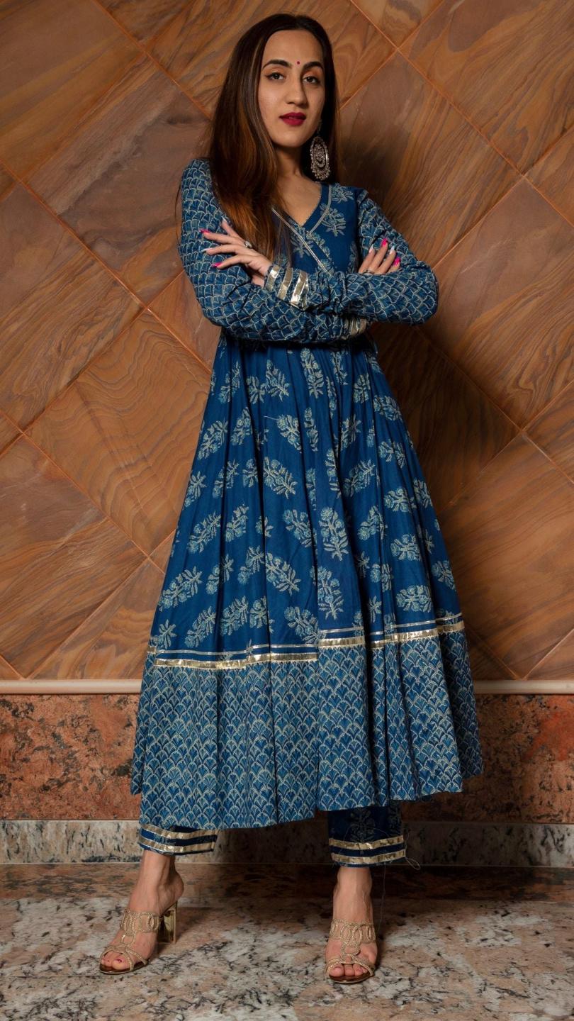 aadvika-blue-hand-block-cotton-anarkali-set-11403042BL, Women Indian Ethnic Clothing, Cotton Kurta Set Dupatta