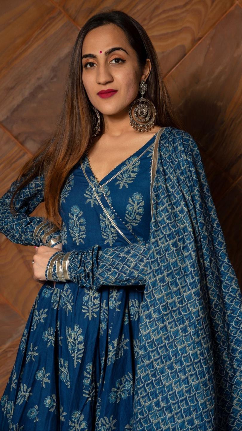 aadvika-blue-hand-block-cotton-anarkali-set-11403042BL, Women Indian Ethnic Clothing, Cotton Kurta Set Dupatta