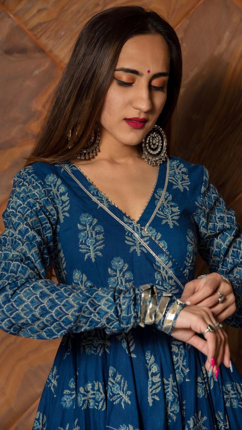 aadvika-blue-hand-block-cotton-anarkali-set-11403042BL, Women Indian Ethnic Clothing, Cotton Kurta Set Dupatta