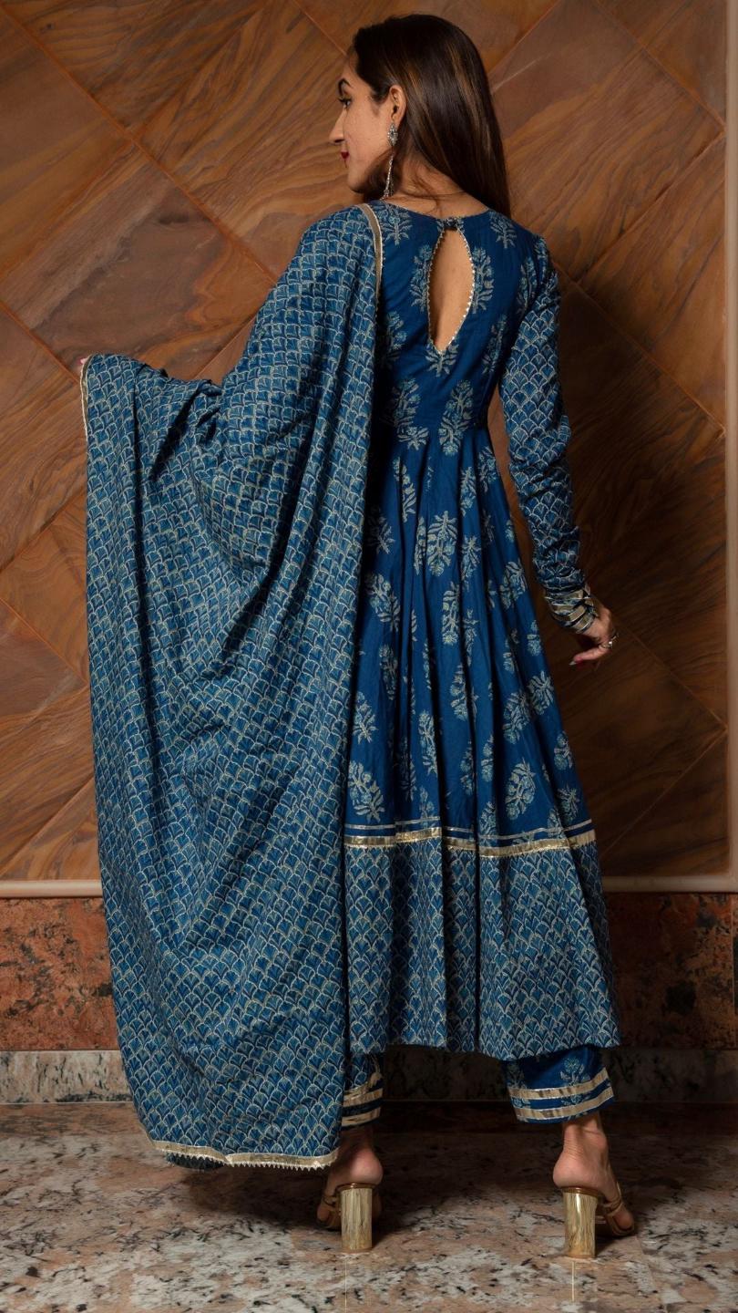 aadvika-blue-hand-block-cotton-anarkali-set-11403042BL, Women Indian Ethnic Clothing, Cotton Kurta Set Dupatta