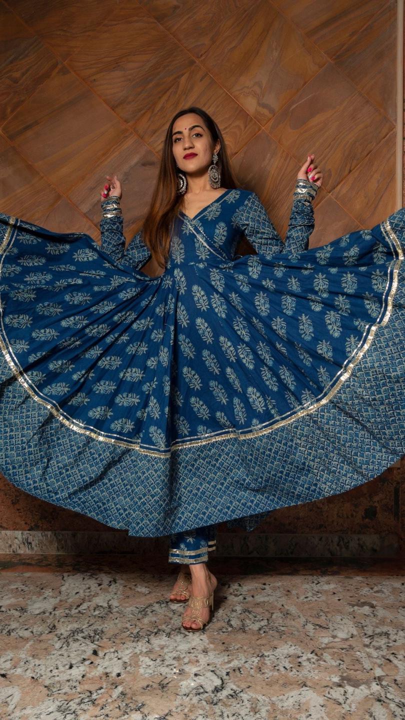 aadvika-blue-hand-block-cotton-anarkali-set-11403042BL, Women Indian Ethnic Clothing, Cotton Kurta Set Dupatta