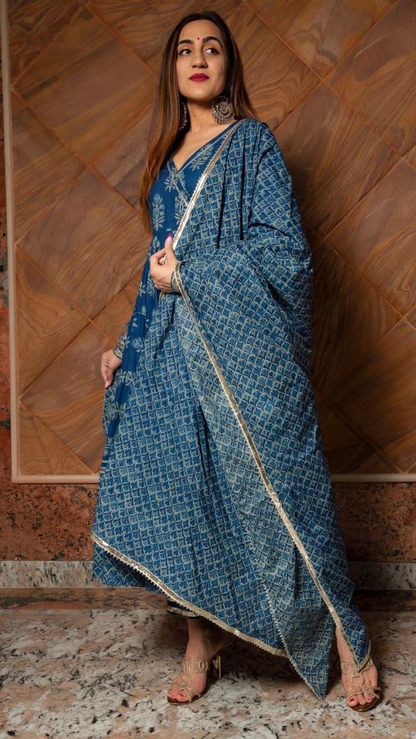 aadvika-blue-hand-block-cotton-anarkali-set-11403042BL, Women Indian Ethnic Clothing, Cotton Kurta Set Dupatta