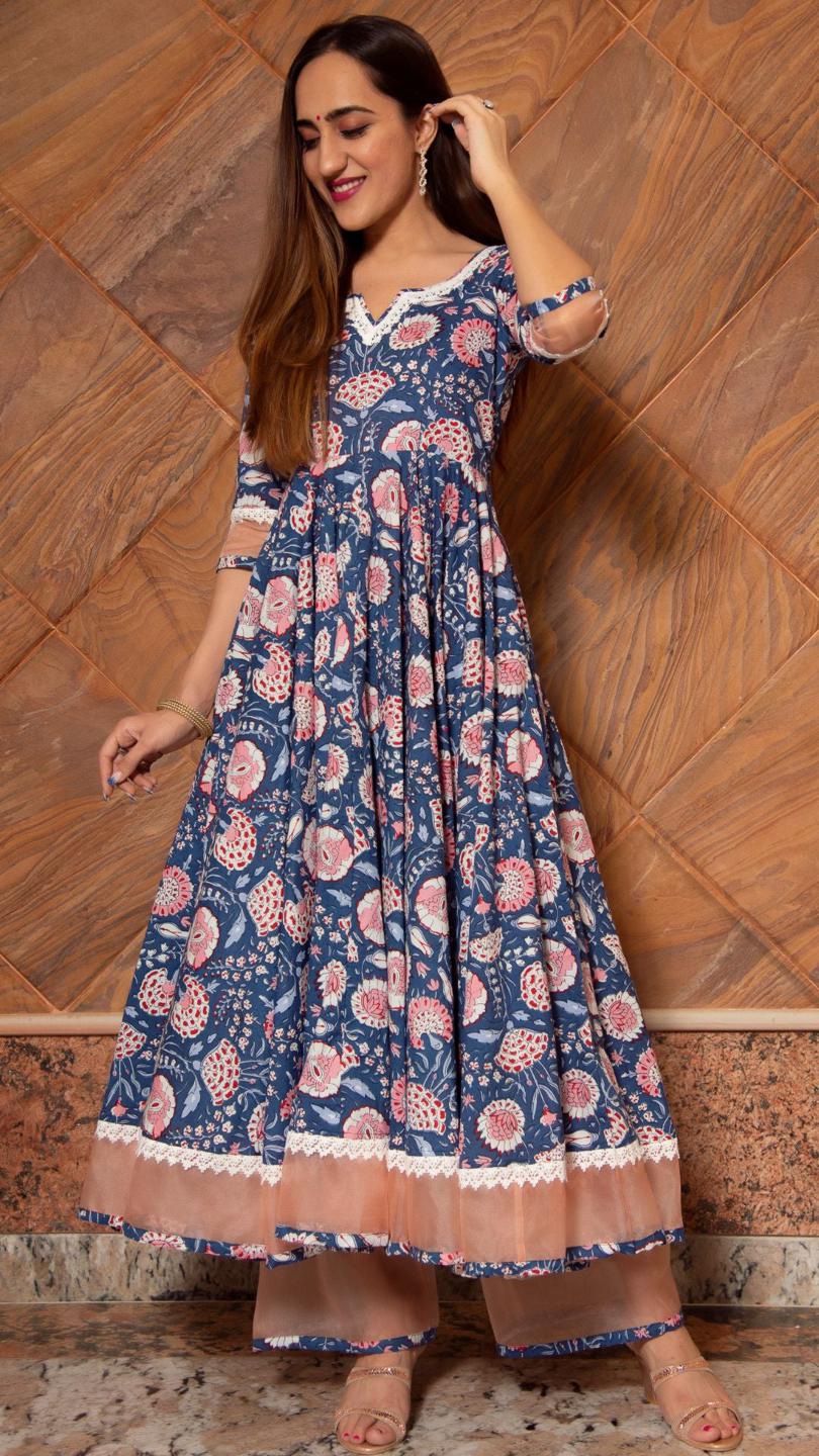 ambar-cotton-anarkali-set-11403043BL, Women Indian Ethnic Clothing, Cotton Kurta Set Dupatta