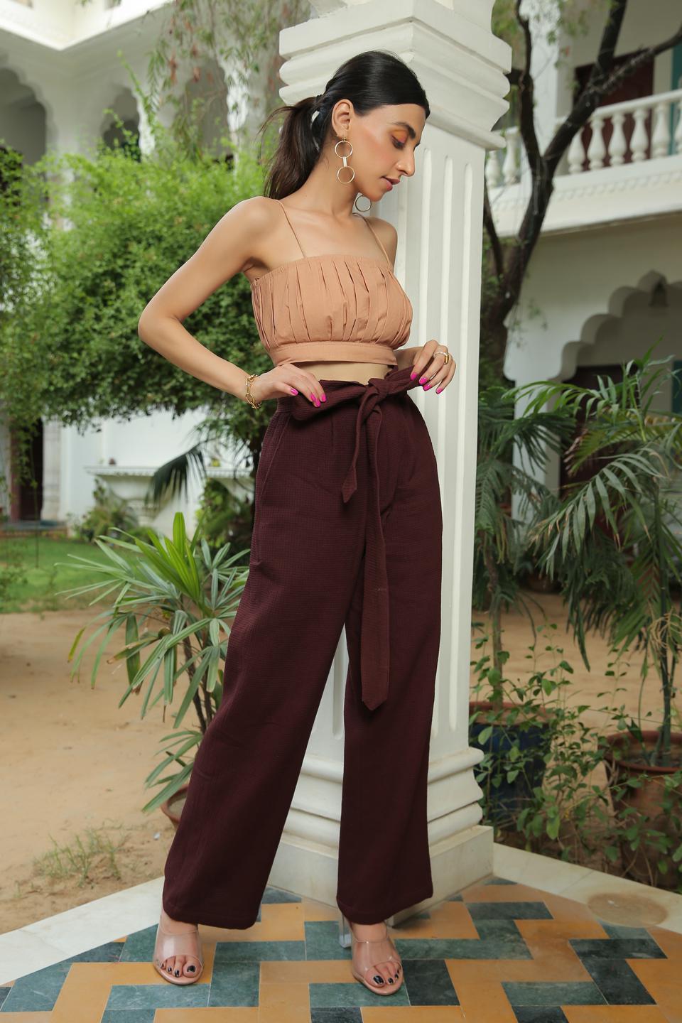 apricot-ice-pleated-top-with-coffee-brown-waffle-cotton-pant-set-11740054OR, Women Clothing, Cotton Matching Set