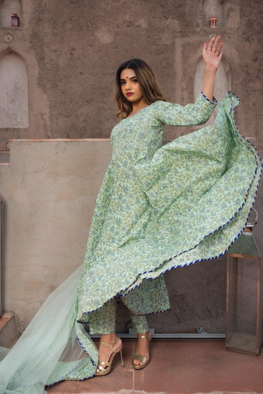 aqua-green-hand-block-print-anarkali-set-11403006GR, Women Indian Ethnic Clothing, Cotton Kurta Set Dupatta