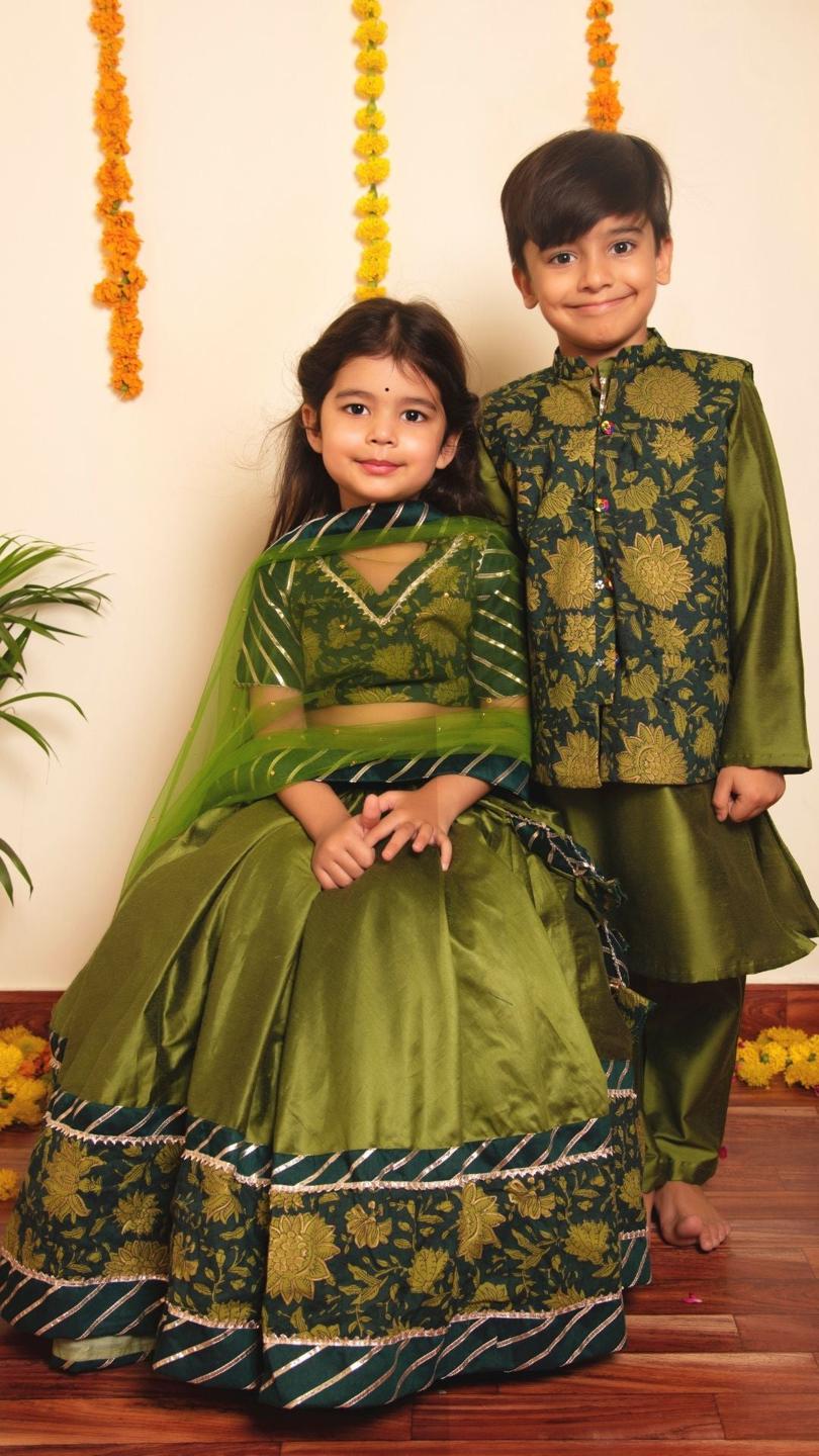 bachapan-idika-green-lehenga-set-11409020GR, Kids Indian Ethnic Clothing, Cotton Silk Girl Lehenga Set
