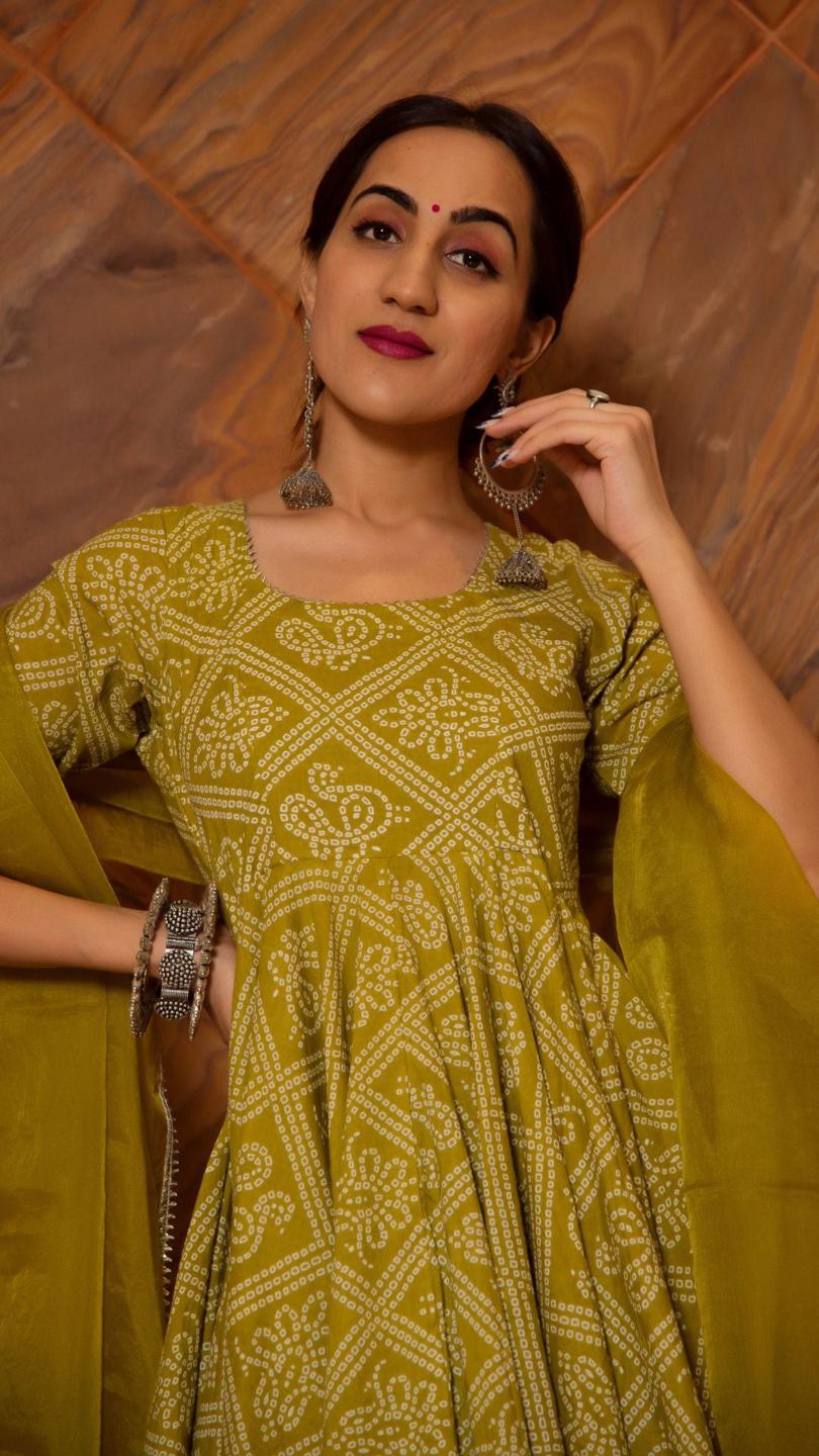 bandhej-mehndhi-green-cotton-anarkali-set-11403047GR, Women Indian Ethnic Clothing, Cotton Kurta Set Dupatta