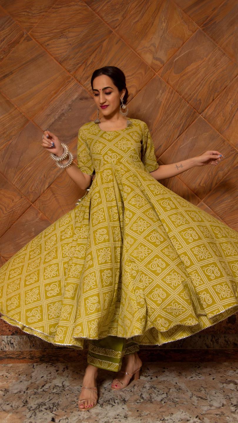 bandhej-mehndhi-green-cotton-anarkali-set-11403047GR, Women Indian Ethnic Clothing, Cotton Kurta Set Dupatta