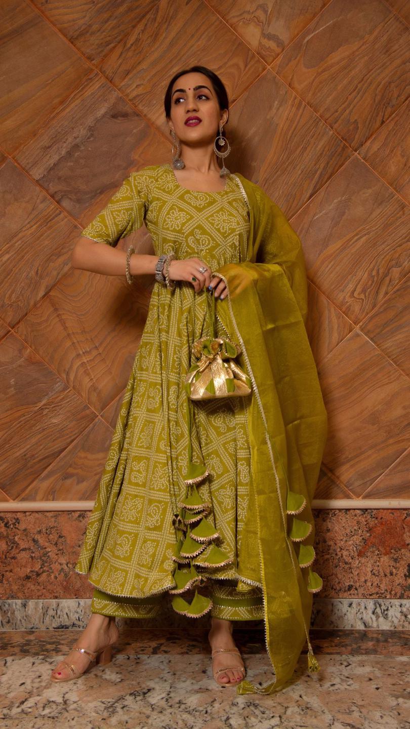 bandhej-mehndhi-green-cotton-anarkali-set-11403047GR, Women Indian Ethnic Clothing, Cotton Kurta Set Dupatta