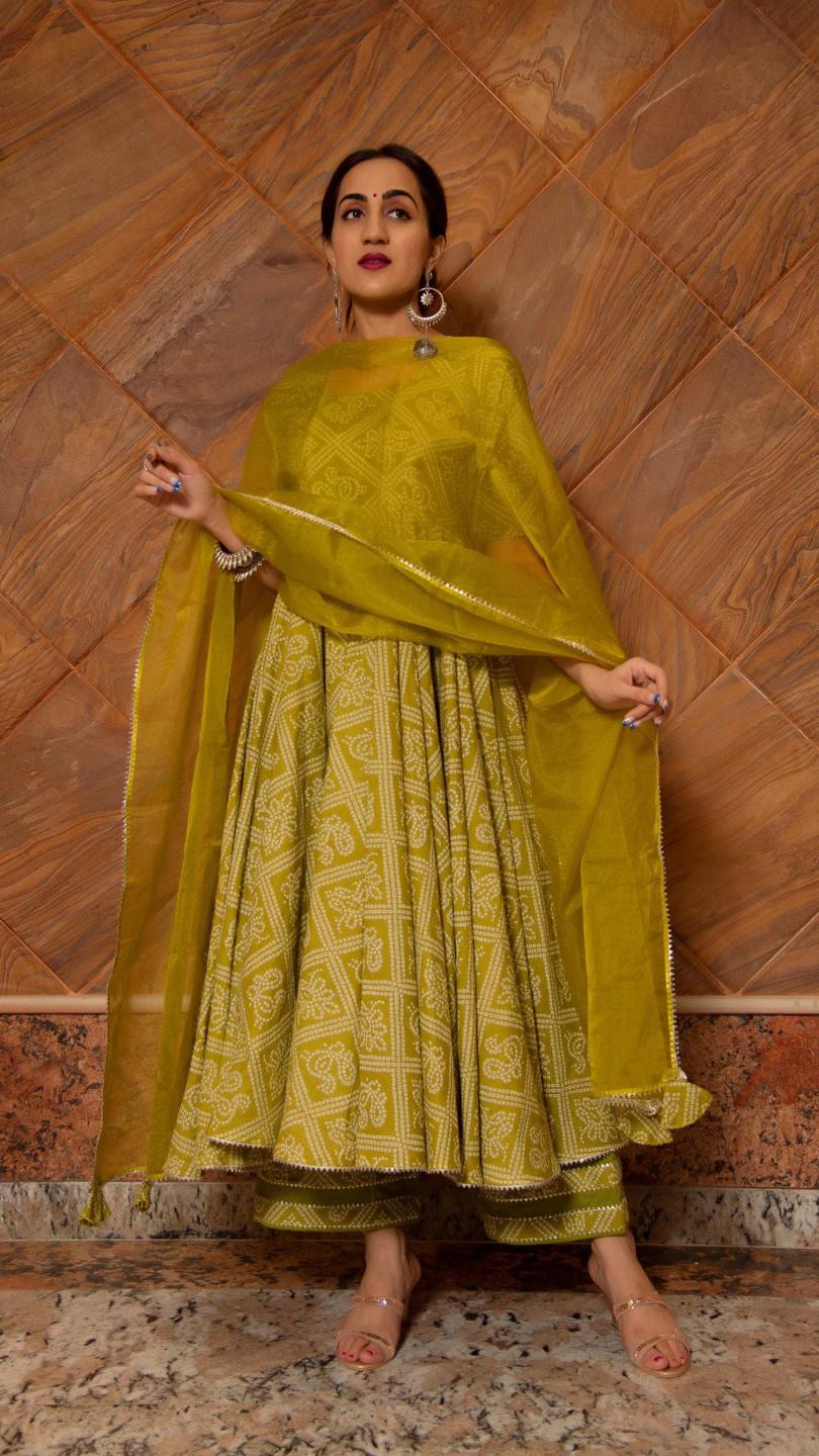 bandhej-mehndhi-green-cotton-anarkali-set-11403047GR, Women Indian Ethnic Clothing, Cotton Kurta Set Dupatta