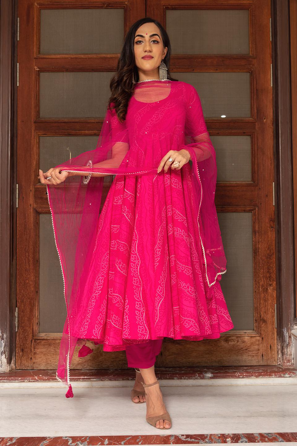 bandhej-pink-cotton-anarkali-set-11403009PK, Women Indian Ethnic Clothing, Cotton Kurta Set Dupatta