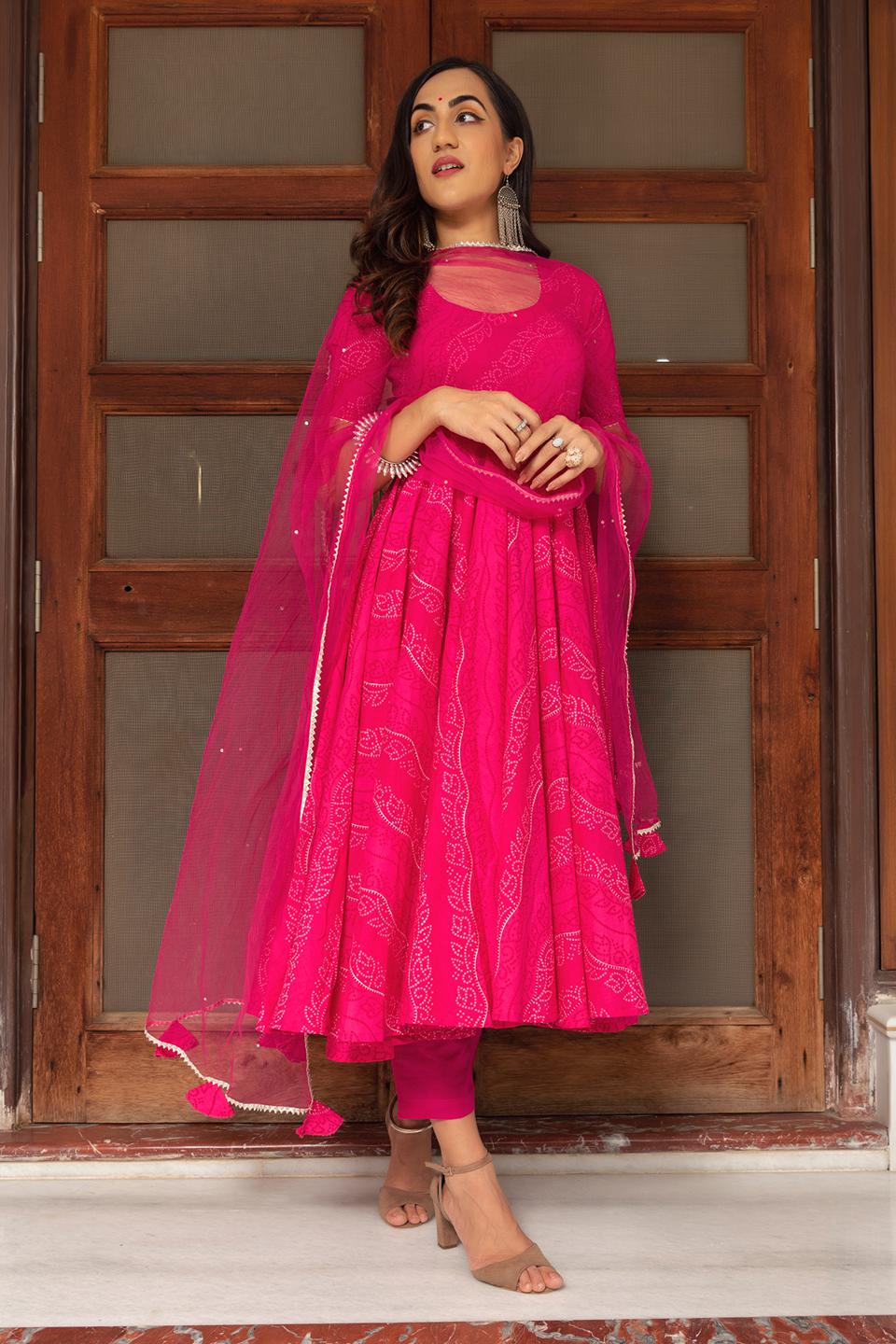bandhej-pink-cotton-anarkali-set-11403009PK, Women Indian Ethnic Clothing, Cotton Kurta Set Dupatta