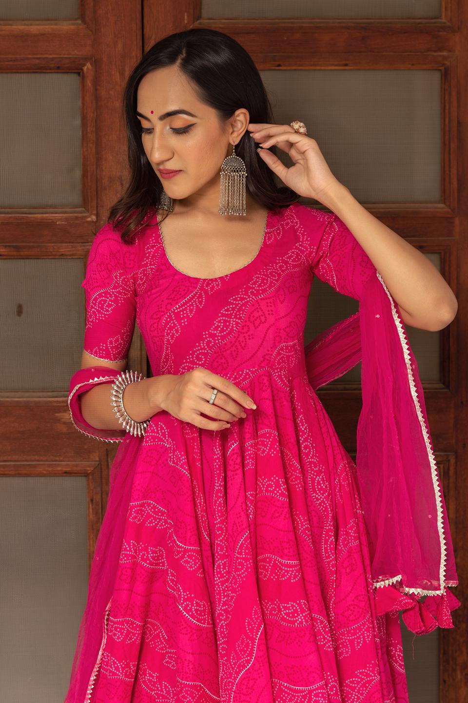 bandhej-pink-cotton-anarkali-set-11403009PK, Women Indian Ethnic Clothing, Cotton Kurta Set Dupatta