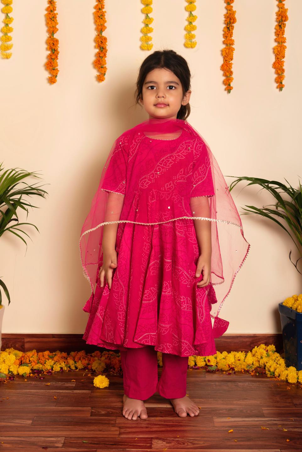 bandhej-pink-cotton-anarkali-set-11434011PK, Kids Indian Ethnic Clothing, Cotton Girl Kurta Set