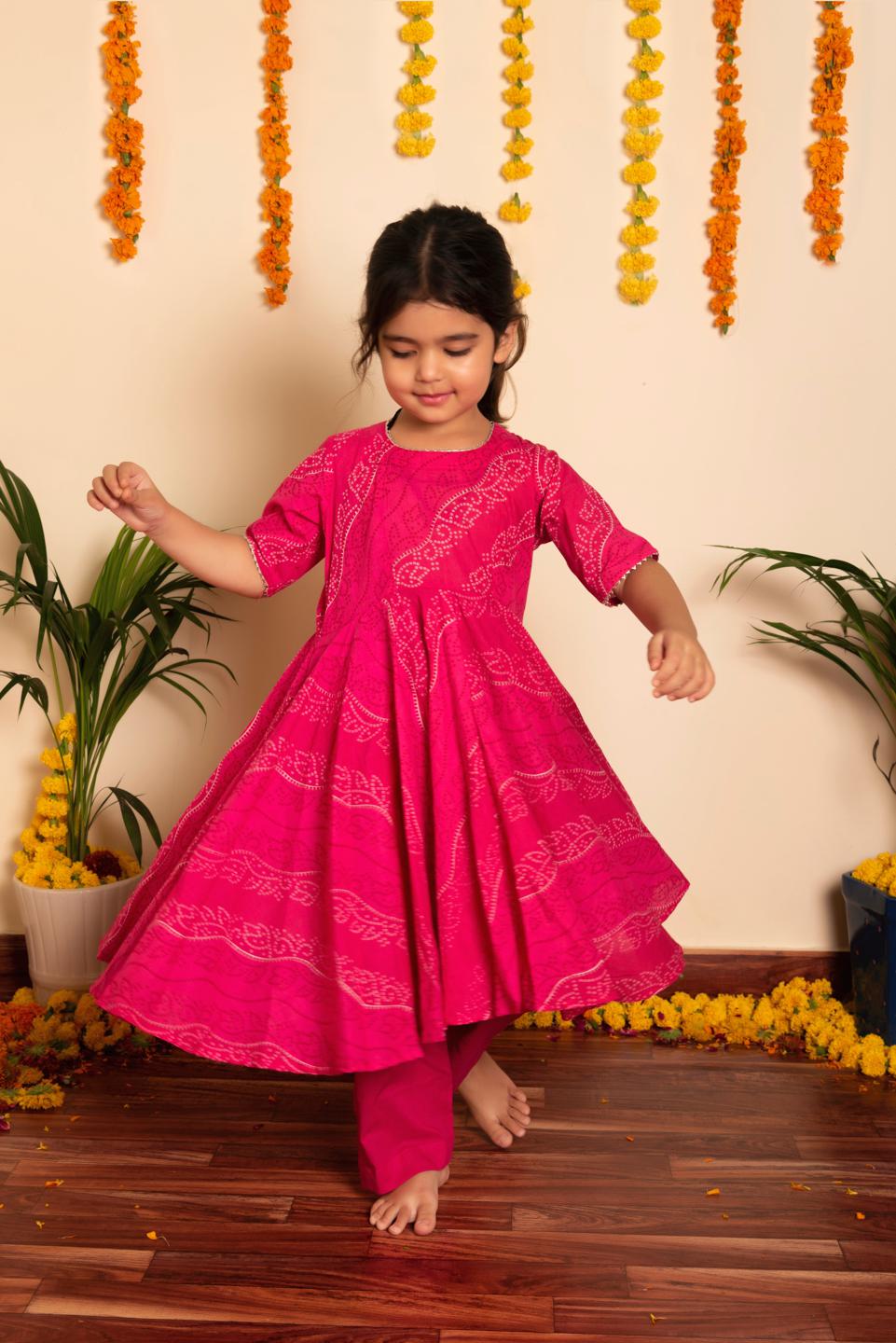 bandhej-pink-cotton-anarkali-set-11434011PK, Kids Indian Ethnic Clothing, Cotton Girl Kurta Set