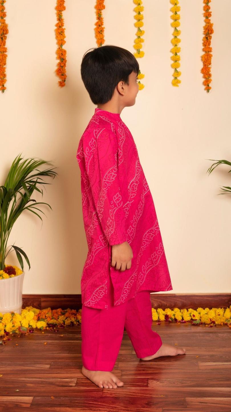 bandhej-pink-kurta-set-11420012PK, Kids Indian Ethnic Clothing, Cotton Boy Kurta Pajama Set