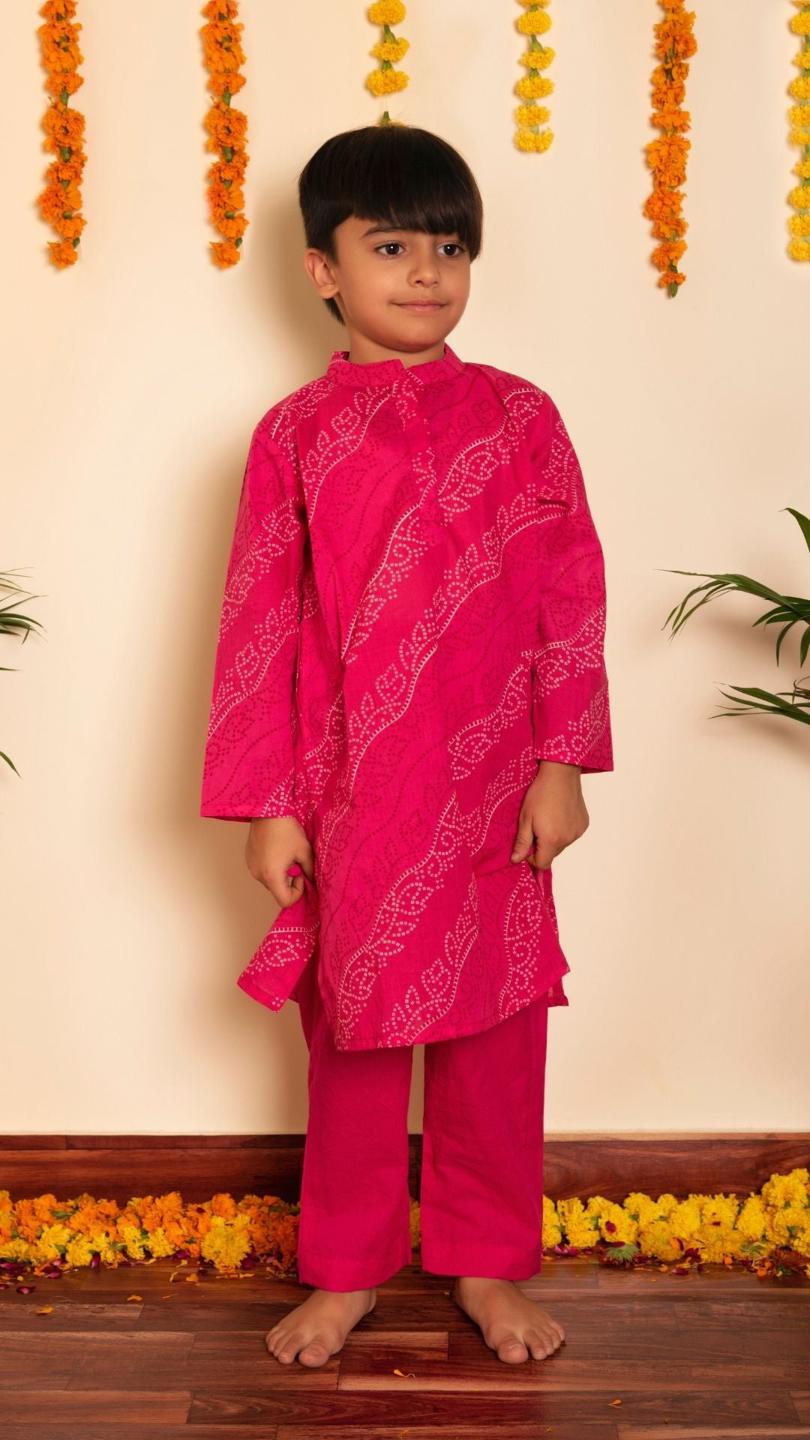 bandhej-pink-kurta-set-11420012PK, Kids Indian Ethnic Clothing, Cotton Boy Kurta Pajama Set