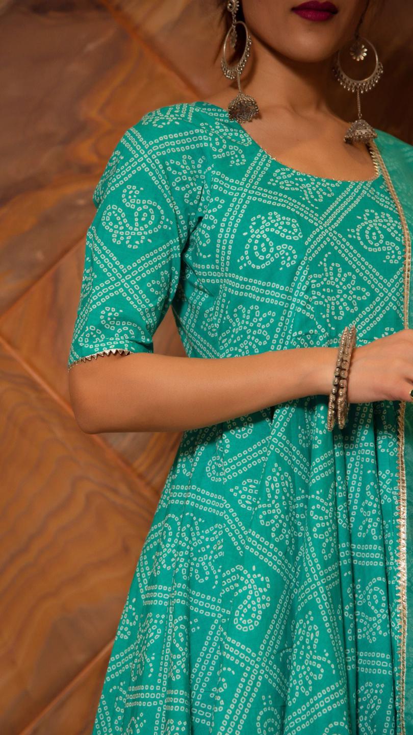 bandhej-tiffany-blue-cotton-anarkali-set-11403048BL, Women Indian Ethnic Clothing, Cotton Kurta Set Dupatta