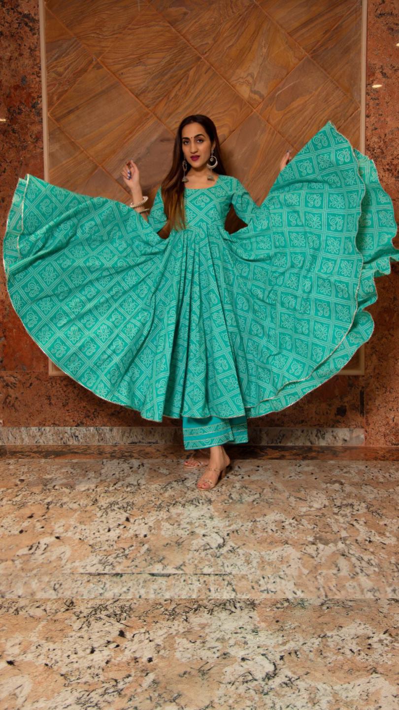 bandhej-tiffany-blue-cotton-anarkali-set-11403048BL, Women Indian Ethnic Clothing, Cotton Kurta Set Dupatta