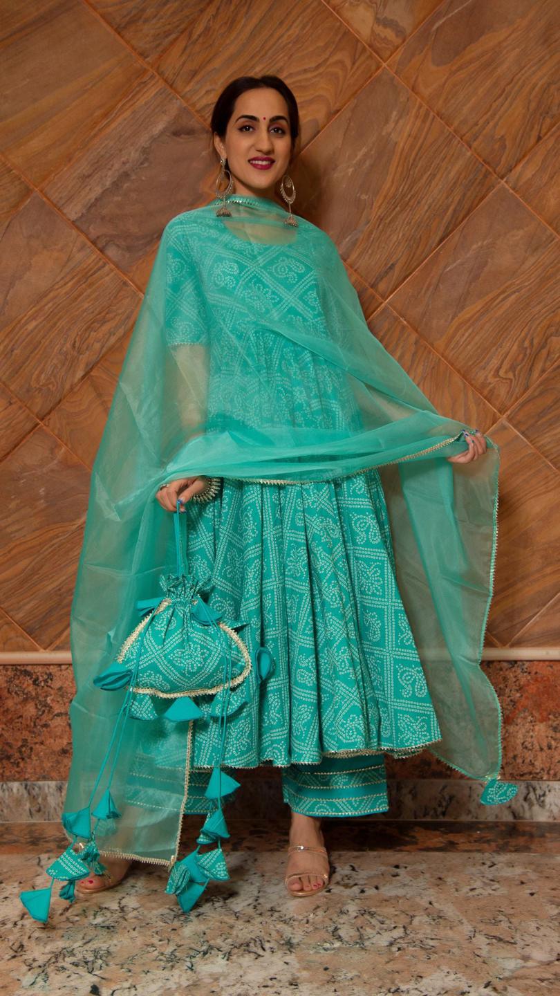 bandhej-tiffany-blue-cotton-anarkali-set-11403048BL, Women Indian Ethnic Clothing, Cotton Kurta Set Dupatta