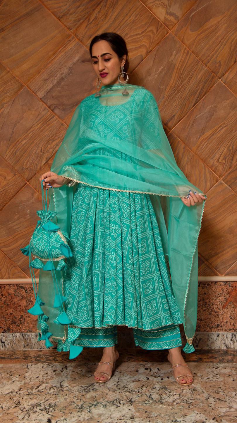 bandhej-tiffany-blue-cotton-anarkali-set-11403048BL, Women Indian Ethnic Clothing, Cotton Kurta Set Dupatta