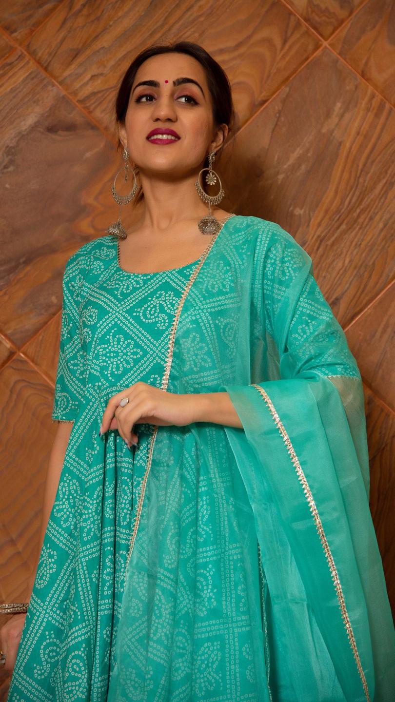 bandhej-tiffany-blue-cotton-anarkali-set-11403048BL, Women Indian Ethnic Clothing, Cotton Kurta Set Dupatta