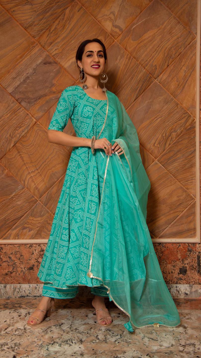 bandhej-tiffany-blue-cotton-anarkali-set-11403048BL, Women Indian Ethnic Clothing, Cotton Kurta Set Dupatta