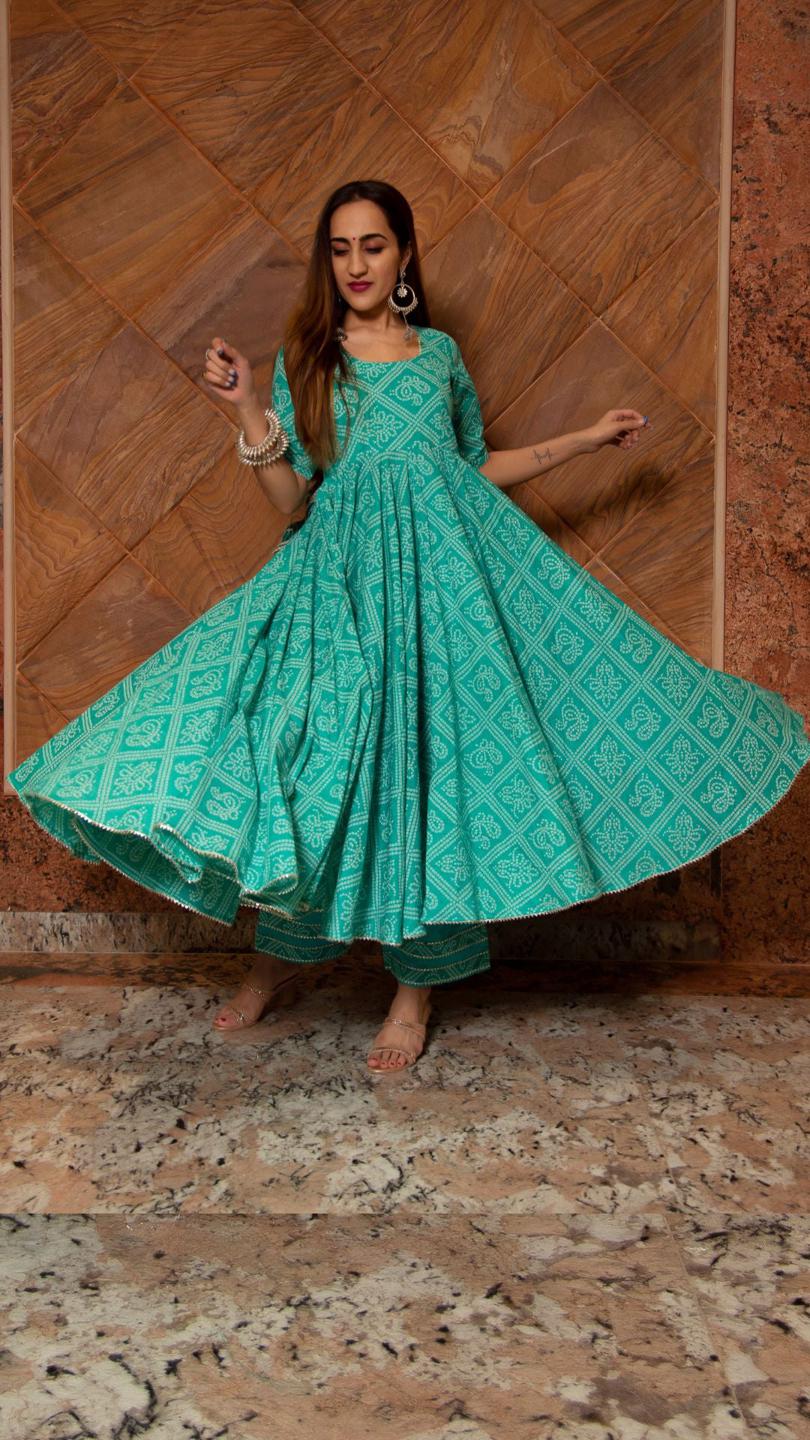 bandhej-tiffany-blue-cotton-anarkali-set-11403048BL, Women Indian Ethnic Clothing, Cotton Kurta Set Dupatta