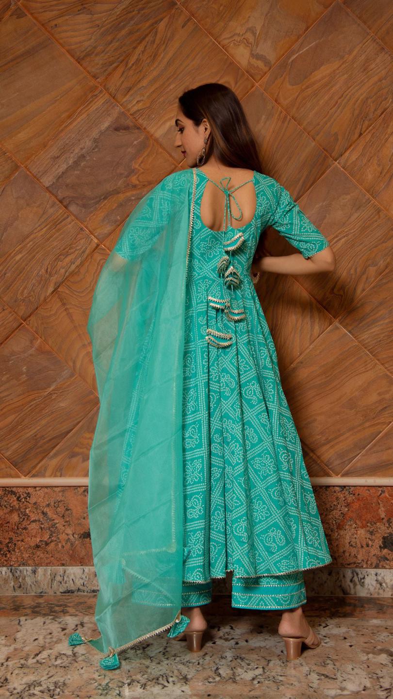 bandhej-tiffany-blue-cotton-anarkali-set-11403048BL, Women Indian Ethnic Clothing, Cotton Kurta Set Dupatta