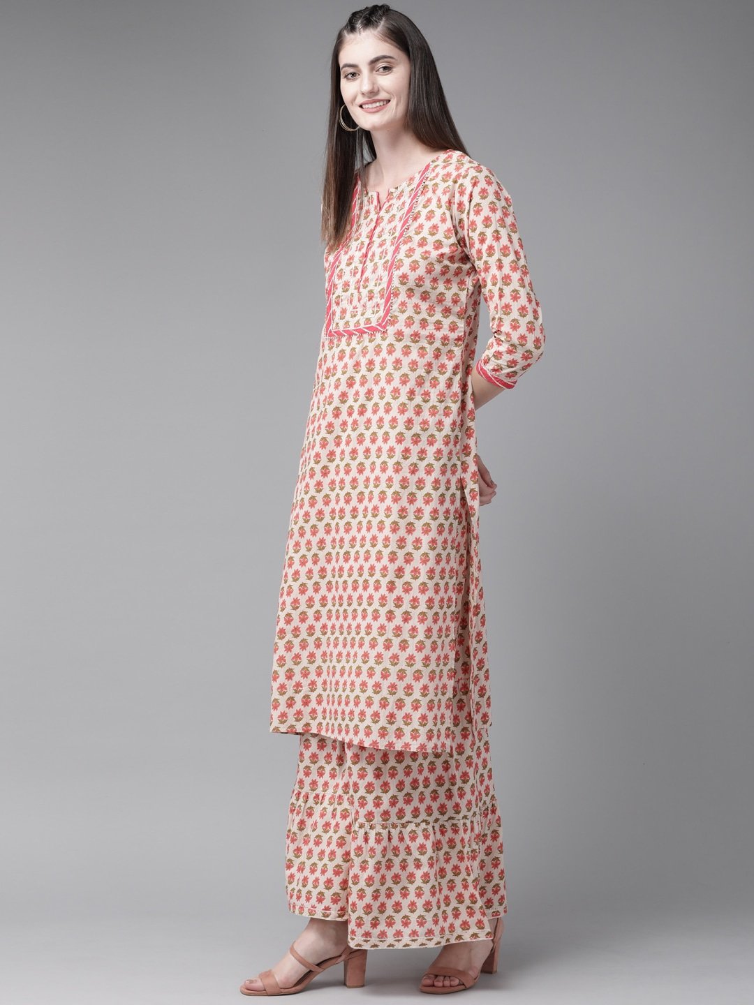 beige-and-peach-kurta-with-sharara-and-dupatta-10103001BG, Women Indian Ethnic Clothing, Cotton Kurta Set Dupatta