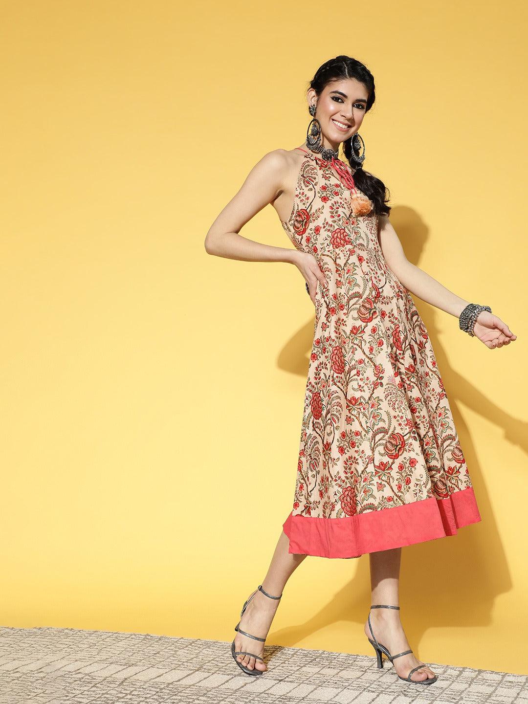 beige-pink-mugal-jaal-dress-10104083BG, Women Clothing, Cotton Dress