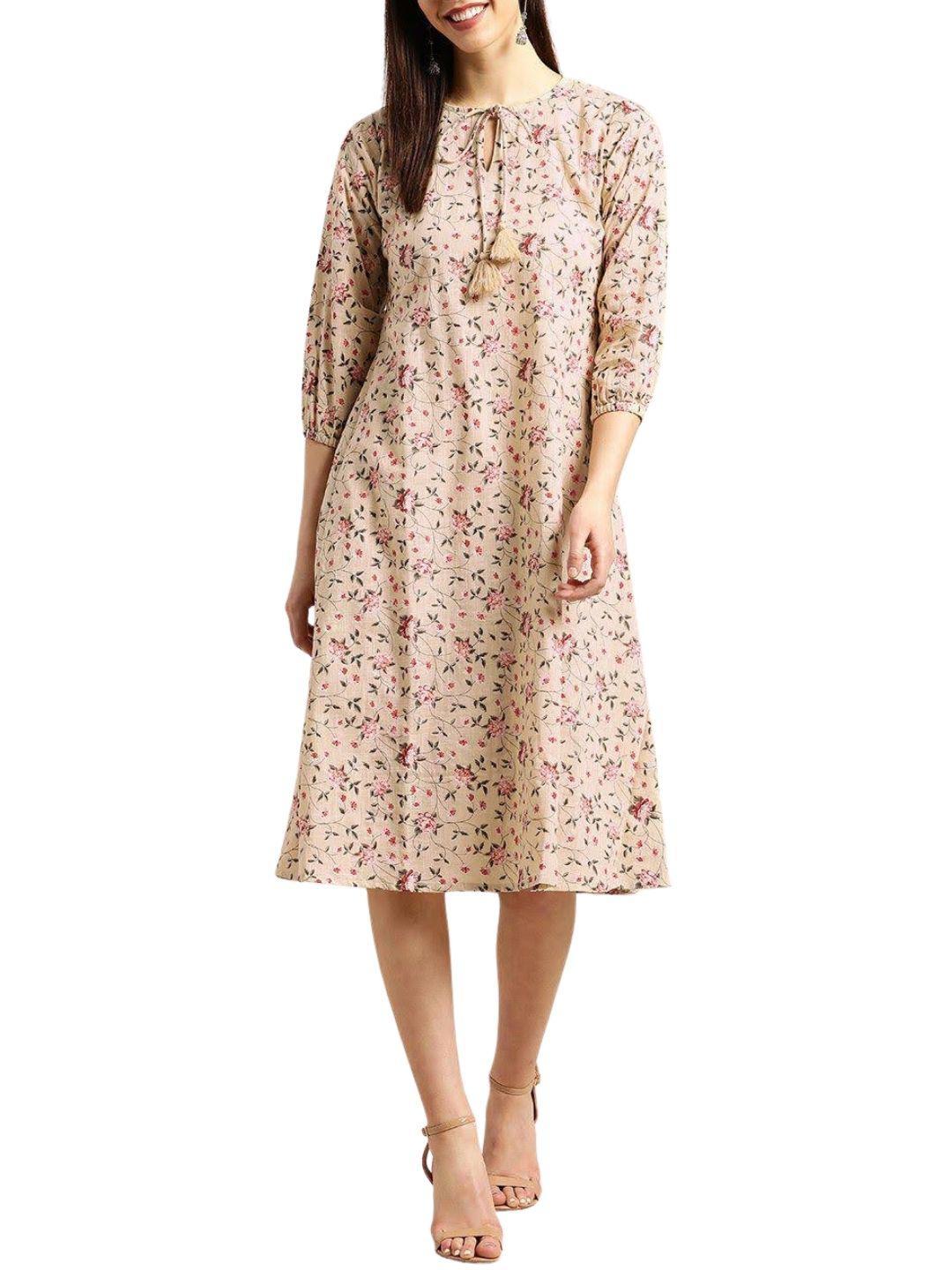 beige-red-floral-print-a-line-dress-10204103BG, Women Clothing, Cotton Dress