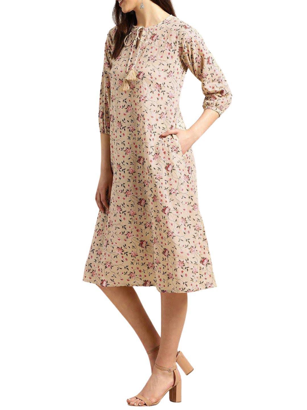 beige-red-floral-print-a-line-dress-10204103BG, Women Clothing, Cotton Dress