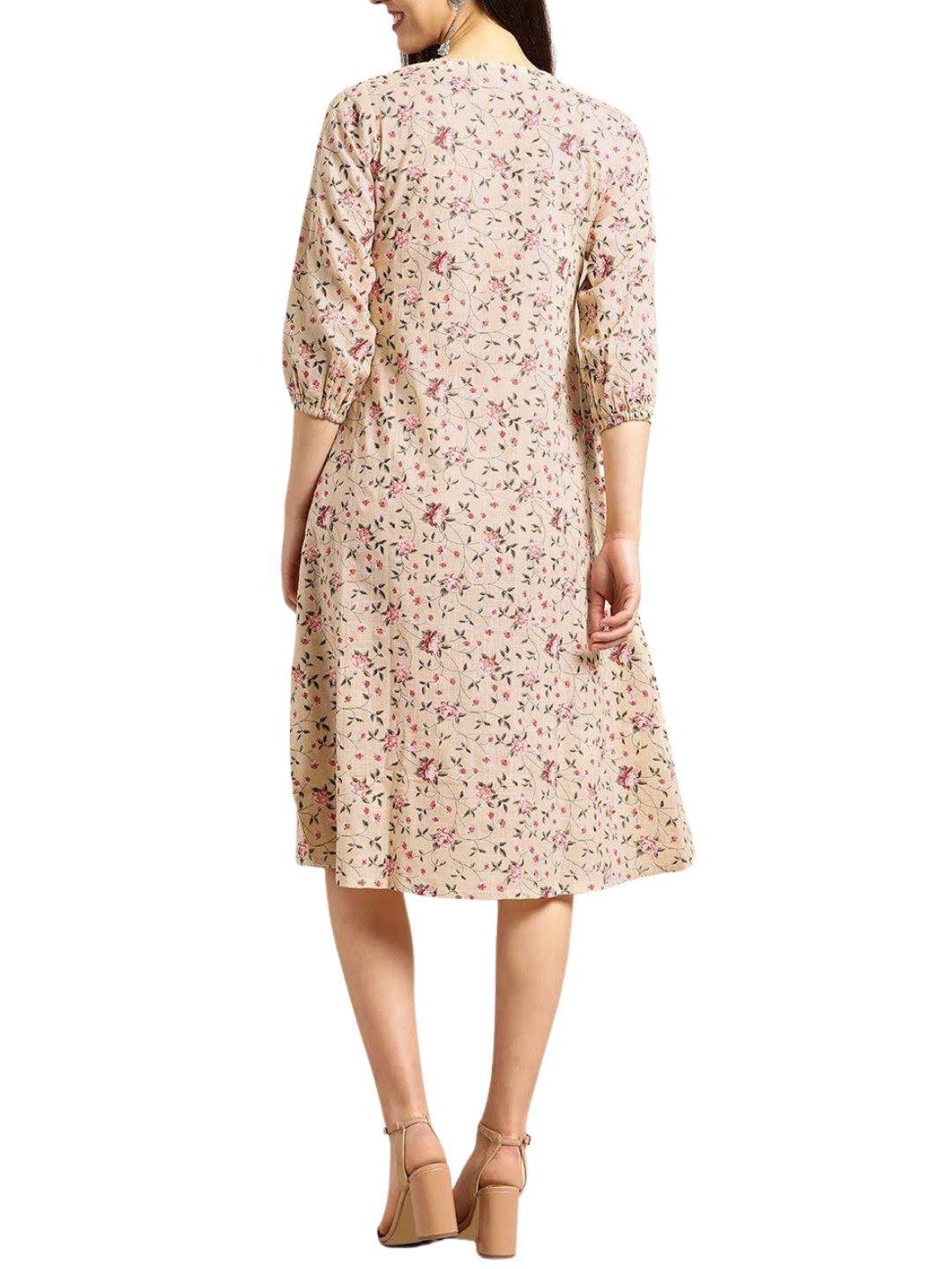 beige-red-floral-print-a-line-dress-10204103BG, Women Clothing, Cotton Dress