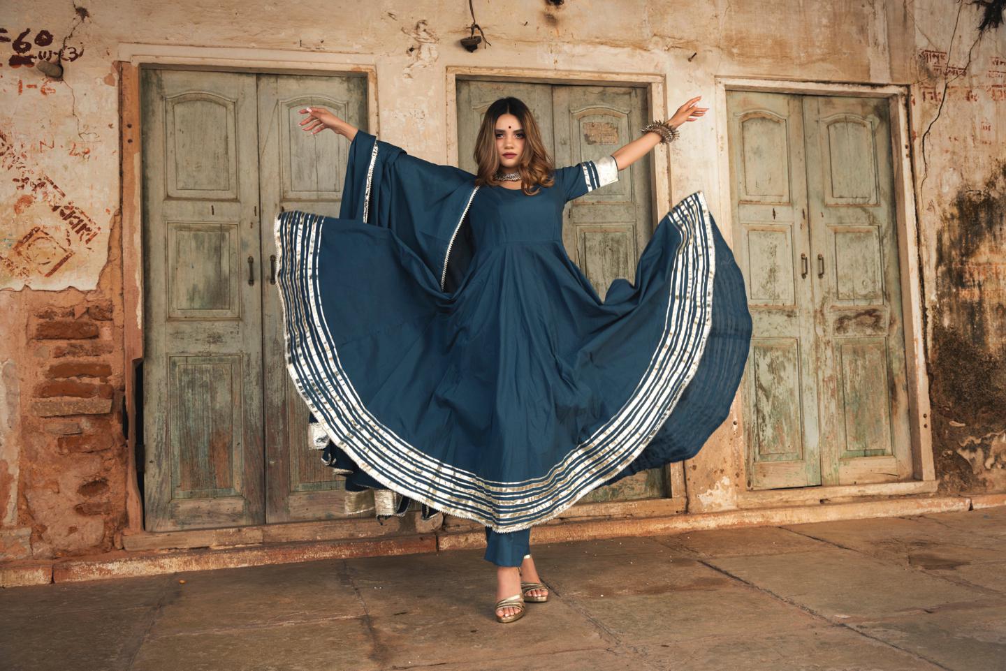 berry-spary-cotton-blue-anarkali-11403002BL, Women Indian Ethnic Clothing, Cotton Kurta Set Dupatta