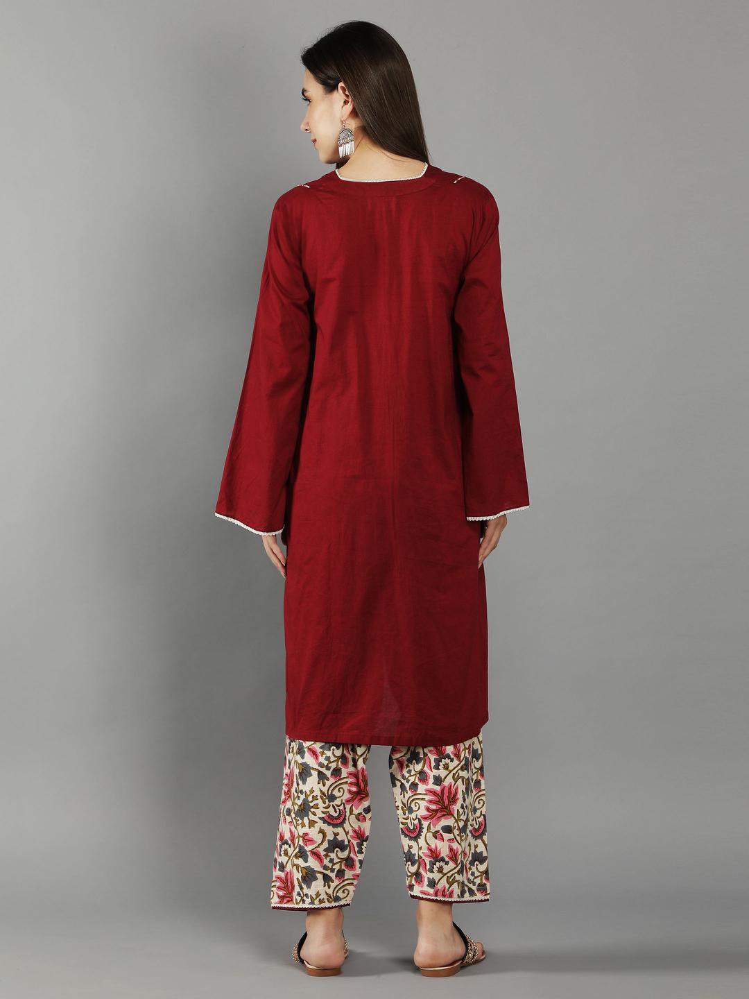 bing-cherry-maroon-v-neck-kurta-in-bell-sleeves-with-straight-pant-11702102WH, Women Indian Ethnic Clothing, Cotton Kurta Set