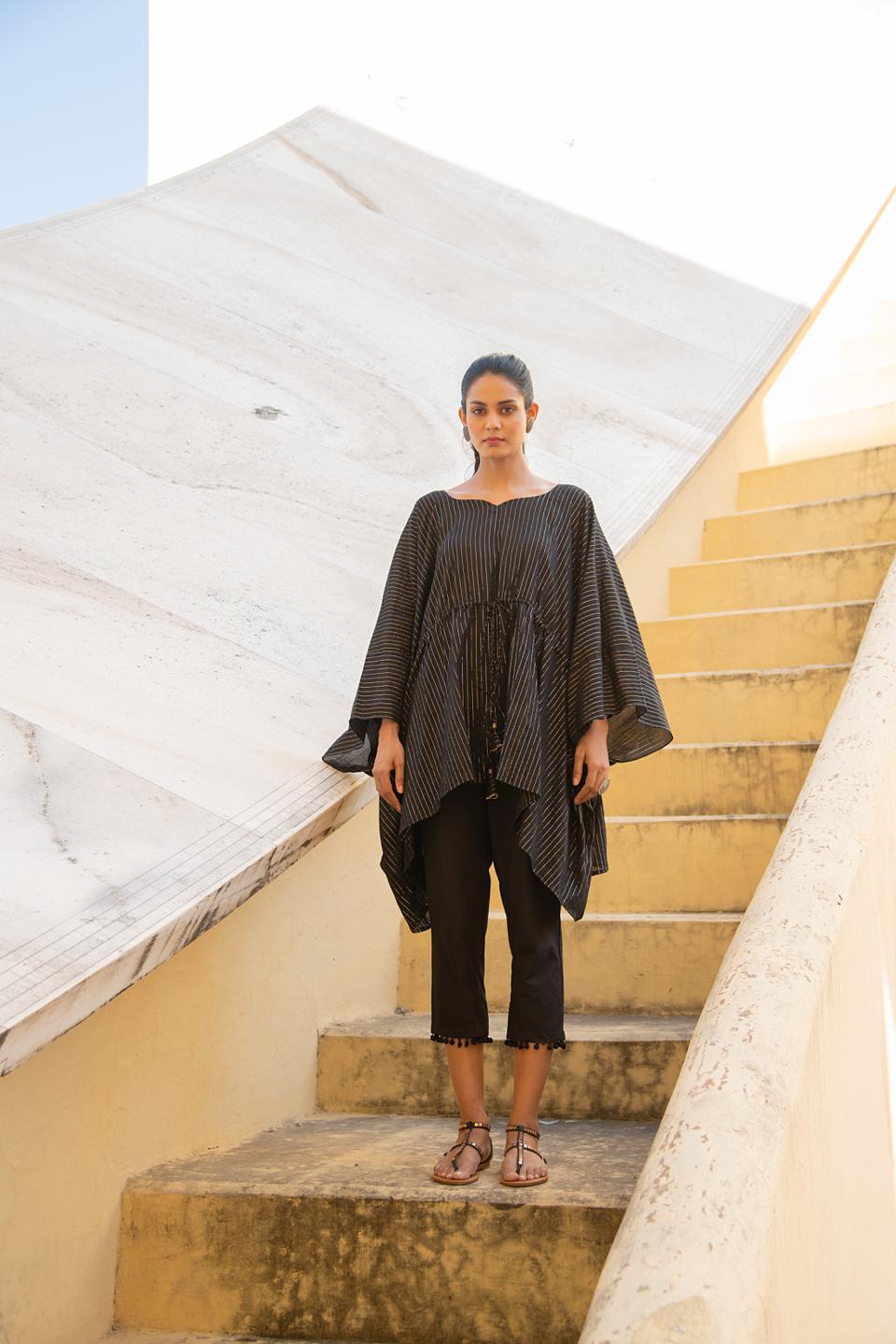 black-beauty-lurex-cotton-caftan-kurta-with-pant-set-11740131BK, Women Clothing, Cotton Matching Set