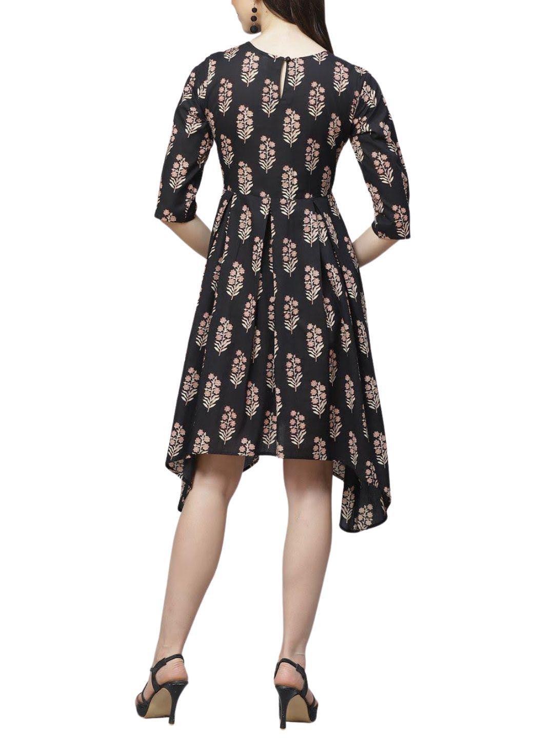 black-beige-ethnic-printed-asymmetric-dress-10204111BK, Women Clothing, Cotton Dress