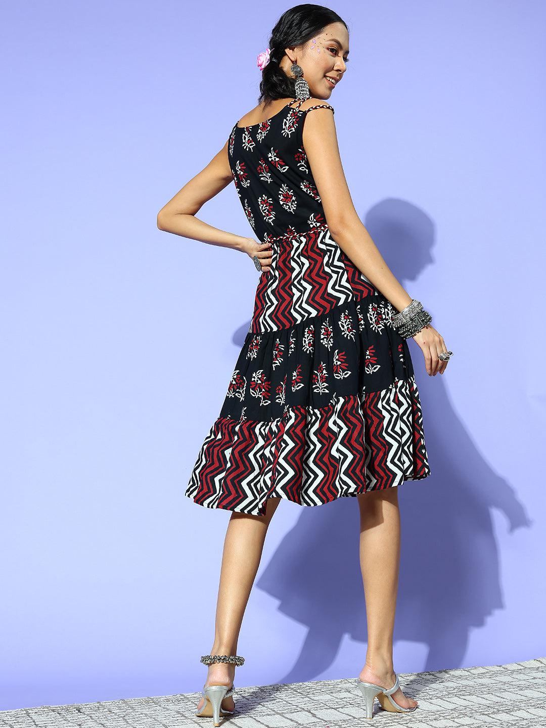 black-ethnic-motifs-indie-gal-dress-10104164BK, Women Clothing, Cotton Dresses