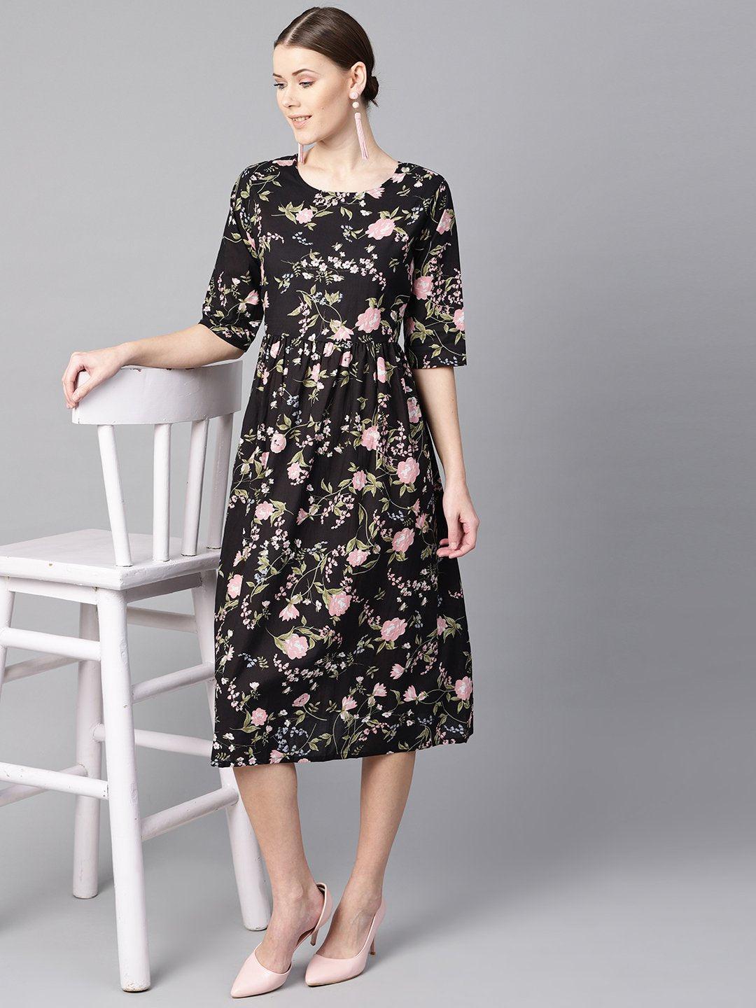 black-floral-dress-10804009BK, Women Clothing, Cotton Dress