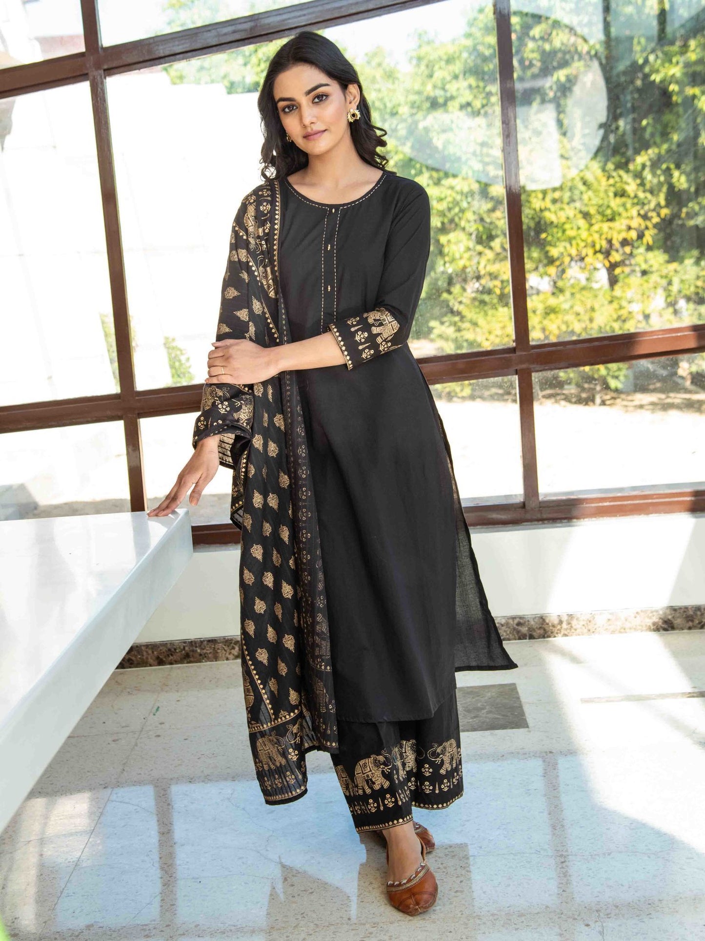 black-golden-solid-kurta-dupatta-set-10103007BK, Women Indian Ethnic Clothing, Cotton Kurta Set Dupatta