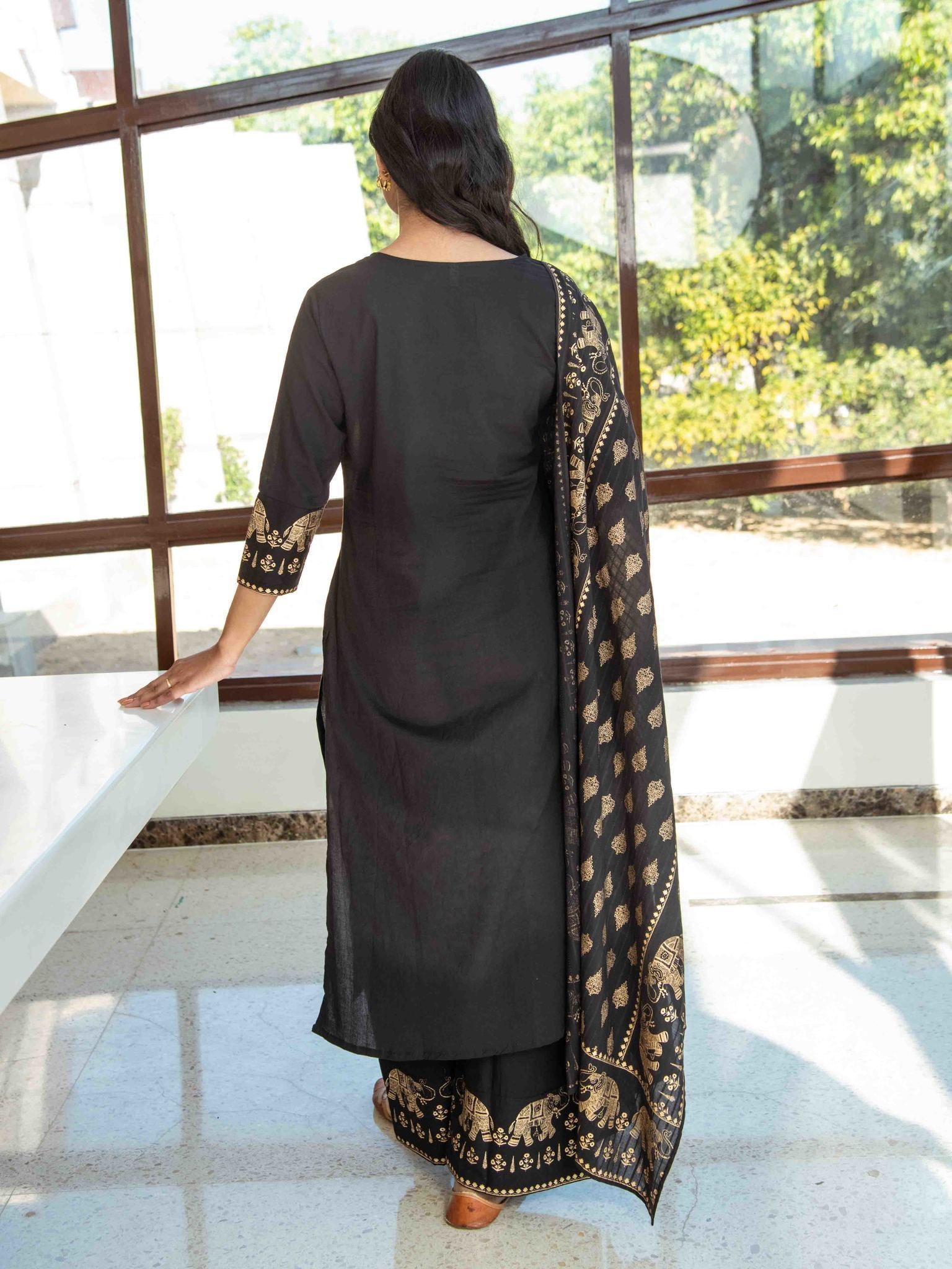 black-golden-solid-kurta-dupatta-set-10103007BK, Women Indian Ethnic Clothing, Cotton Kurta Set Dupatta