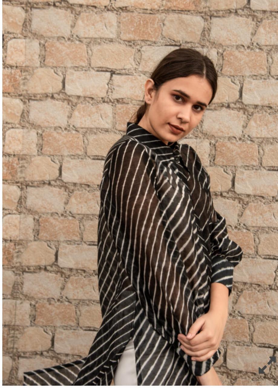 black-lehriya-with-paint-11602045BK, Women Indian Ethnic Clothing, Chanderi Kurta Set