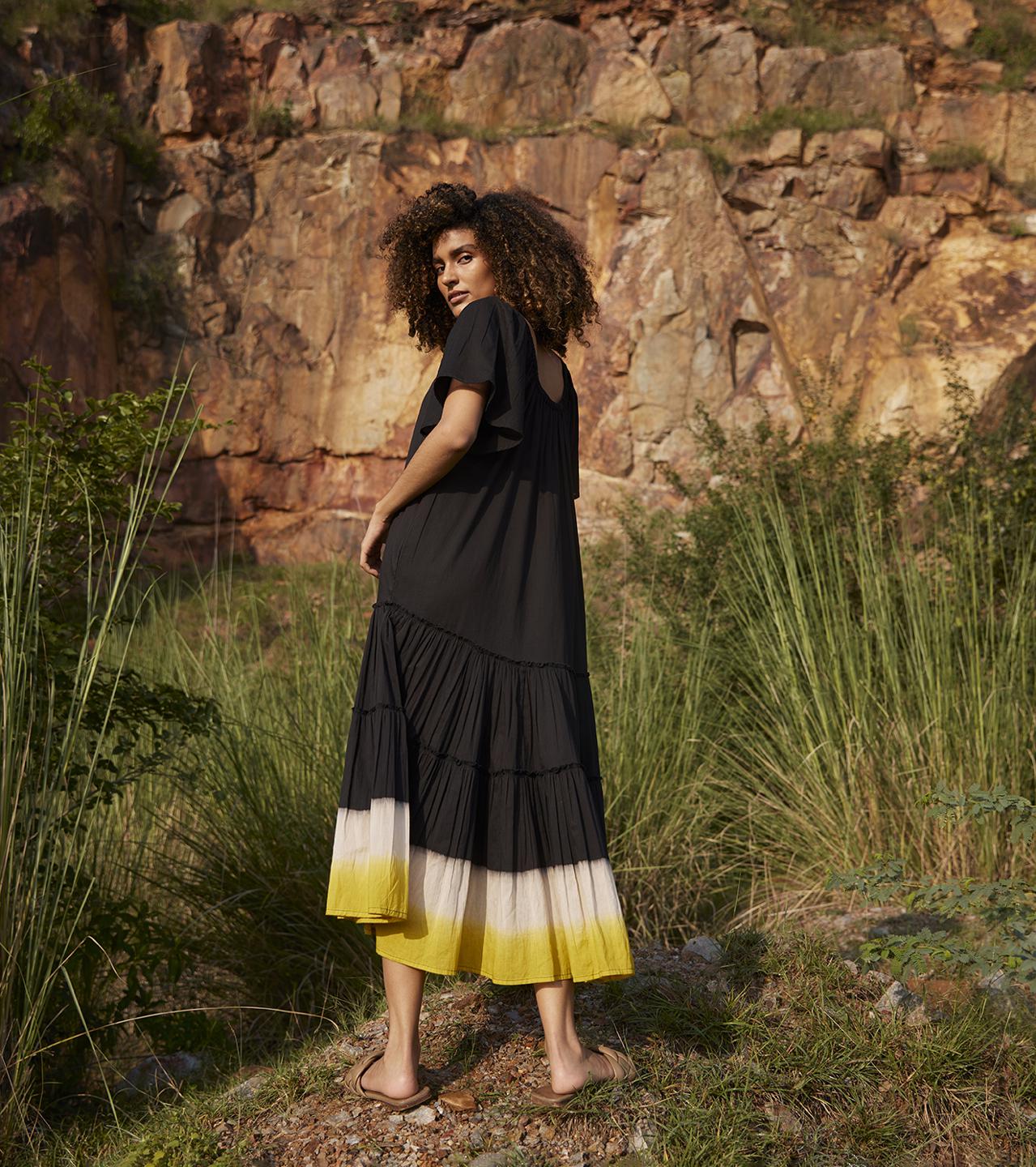 black-mustard-cotton-midi-tiered-dress-11904009BK, Women Clothing, Cotton Dress
