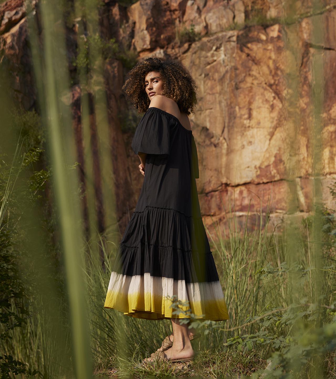 black-mustard-cotton-midi-tiered-dress-11904009BK, Women Clothing, Cotton Dress