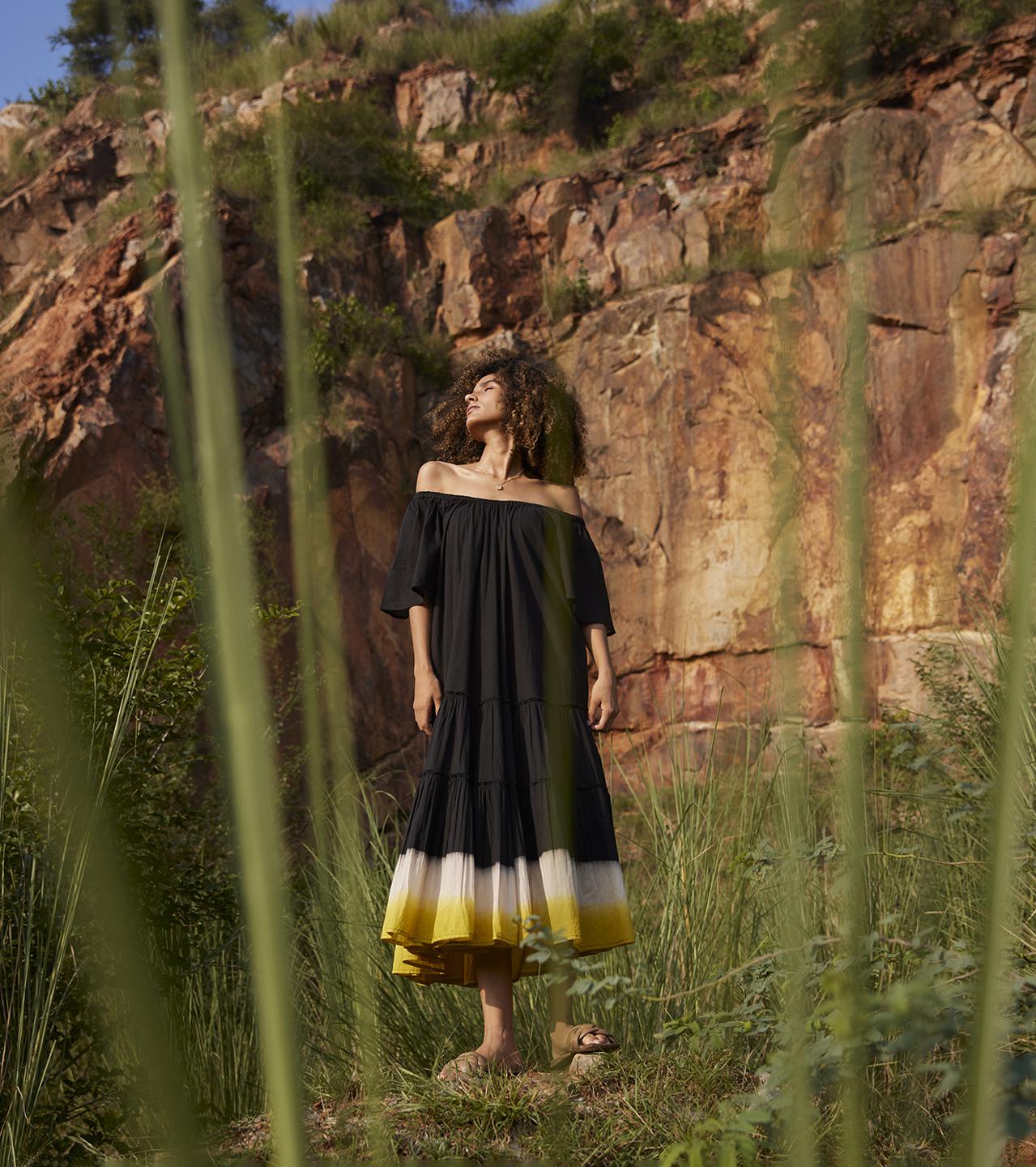 black-mustard-cotton-midi-tiered-dress-11904009BK, Women Clothing, Cotton Dress