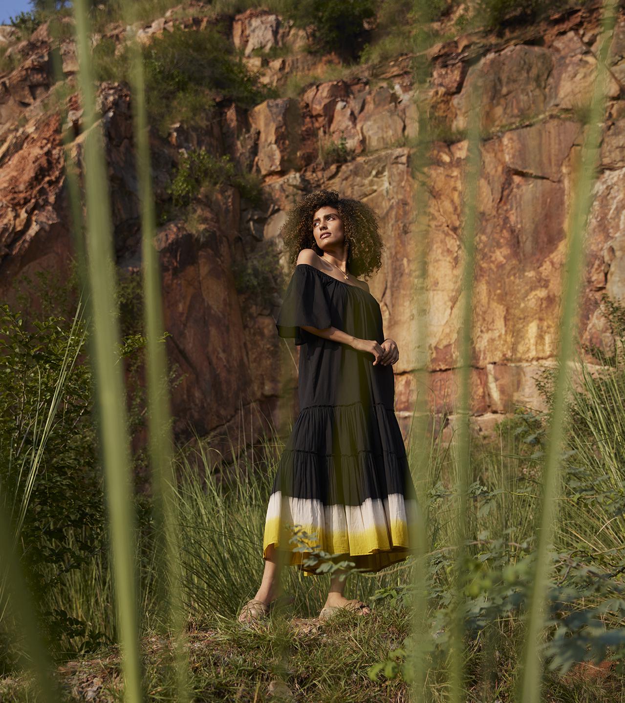 black-mustard-cotton-midi-tiered-dress-11904009BK, Women Clothing, Cotton Dress
